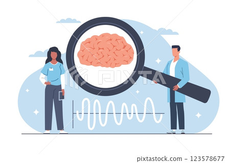Doctor studying how brain works. Man and woman hold magnifier glass, neurology research, scientist medical and healthcare, physiology treatment cartoon flat style isolated vector concept Doctor studying how brain works. Man and woman hold magnifier glass, neurology research, scientist medical and healthcare, physiology treatment cartoon flat style isolated vector concept 123578677