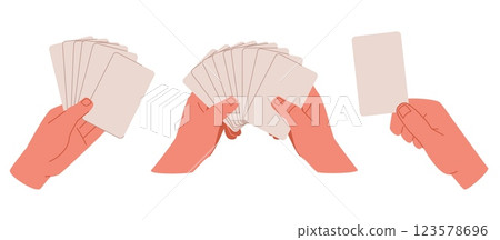 Hands holding blank playing cards. Arm hold empty card. Blank label. Poker game gambling accessories, shuffling and distribution casino person. Cartoon flat style isolated vector concept Hands holding blank playing cards. Arm hold empty card. Blank label. Poker game gambling accessories, shuffling and distribution casino person. Cartoon flat style isolated vector concept 123578696