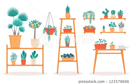Houseplants stand shelves and tables. Different types houseplants. Indoor trees and palms. Monstera and cactus. Succulents and tropical flora. Cartoon flat style isolated vector concept 123578698