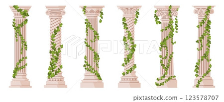 Ivy columns. Marble architectural elements covered with creepers, greek stone pillars, decorative green plants, classic building supports, cartoon flat style isolated nowaday vector set 123578707