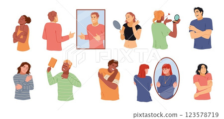 Love and narcissism. Bad and good self love sides, people look in mirrors, hug themselves, psychological problem and mental health, confidence cartoon flat style isolated tidy vector set 123578719