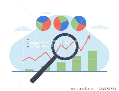 Magnifying glass with growth chart and diagrams. Creative information monitoring. Zoom technology. Business analysis. Statistic research. Cartoon flat style isolated vector concept 123578723