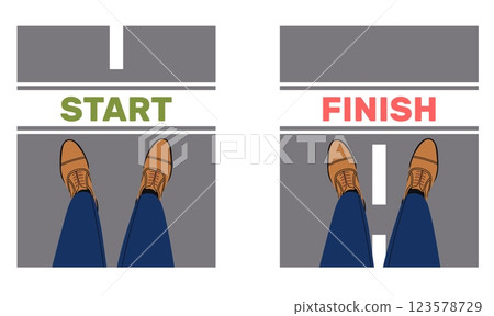 Pair feet in shoes stand front word start and finish. Man standing on road top view. Tournament and competition. Sportsground and stadium. Cartoon flat style isolated vector concept Pair feet in shoes stand front word start and finish. Man standing on road top view. Tournament and competition. Sportsground and stadium. Cartoon flat style isolated vector concept 123578729