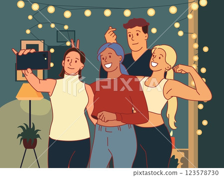 People group take selfie. Joyful friends photographed on front camera of smartphone, joint christmas celebrating, happy party time, cartoon flat isolated illustration, vector concept People group take selfie. Joyful friends photographed on front camera of smartphone, joint christmas celebrating, happy party time, cartoon flat isolated illustration, vector concept 123578730