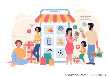 People shopping online. Happy family and couple buy goods through mobile app, large smartphone screen, remote payment, customers shop cartoon flat style isolated vector classy concept People shopping online. Happy family and couple buy goods through mobile app, large smartphone screen, remote payment, customers shop cartoon flat style isolated vector classy concept 123578731