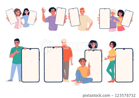 People showing phones. Funny men and women with smartphones, smiling characters hold empty displays, blank screens, empty device screen, cartoon flat style isolated vector classy set People showing phones. Funny men and women with smartphones, smiling characters hold empty displays, blank screens, empty device screen, cartoon flat style isolated vector classy set 123578732