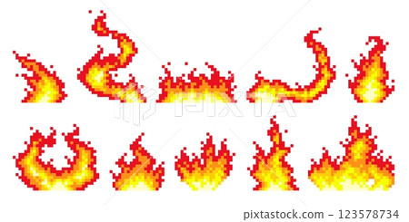 Pixel fire flames. 8 bit bonfire icons, retro arcade video games elements, burning effects, animation sprite frames, qualitative, orange red blaze objects, vector isolated set Pixel fire flames. 8 bit bonfire icons, retro arcade video games elements, burning effects, animation sprite frames, qualitative, orange red blaze objects, vector isolated set 123578734