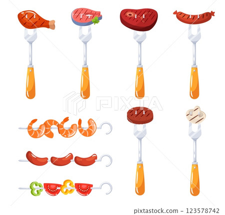 Set forks with barbecued foods. Grilled sausage, meat and fish steak, shrimp and vegetables. bbq cooking. Butcher supplies. Chicken and beef. Vector flat isolated grill product illustration 123578742
