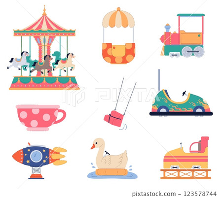 Set of childrens swing rides. Amusement park elements. Attraction objects. Rollercoaster, merry-go-round and funfair. Toy horse and cup. Cartoon flat style isolated vector collection 123578744