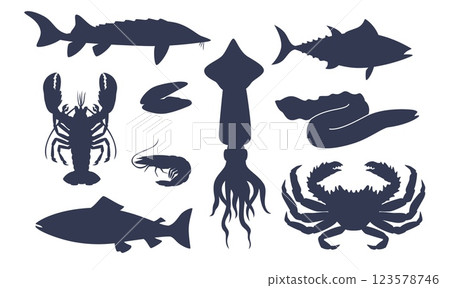Set of sea animal silhouettes. Black isolated icons. Marine and oceanic food. Menu design. Lobster and oyster, mollusk. Fish and crab. Underwater salmon and shrimp, product vector seafood set 123578746
