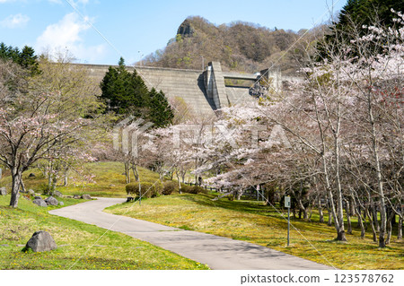 Warm scenery at Dam Park in spring 123578762