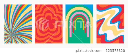 Abstract psychedelic retro pattern set. Groovy backgrounds in retro colors. Trendy funky vector textures in abstract y2k style. Vector graphic for posters and art prints. Abstract psychedelic retro pattern set. Groovy backgrounds in retro colors. Trendy funky vector textures in abstract y2k style. Vector graphic for posters and art prints. 123578820