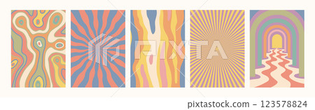 Abstract psychedelic retro pattern set. Groovy backgrounds in retro colors. Trendy twisted funky vector texture in abstract y2k style. Vector graphic for posters and art prints. 123578824