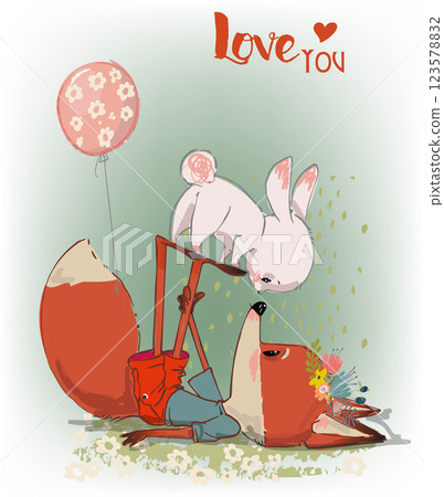 cute little foxy girl with a rabbit 123578832