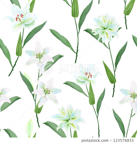 White lily flowers with green stems watercolor seamless pattern isolated on white. High quality clip art perfect for cards, posters, stickers, Easter, christening spring, mother's day, wedding cards White lily flowers with green stems watercolor seamless pattern isolated on white. High quality clip art perfect for cards, posters, stickers, Easter, christening spring, mother's day, wedding cards 123578833