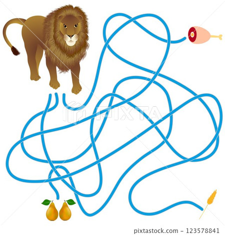 Maze game, lion and food. 123578841