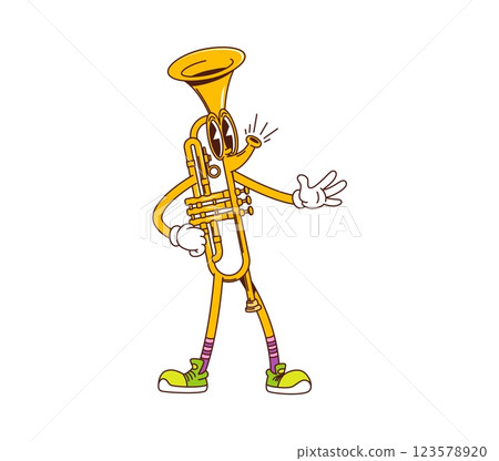 Cartoon trumpet groovy musical instrument character. Isolated vector funny horn, brass pipe personage with happy face and funky vibe invites into music school for educational classes or performance 123578920