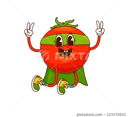 Groovy tomato vegetable superhero character. Isolated cartoon vector fresh veggie, healthy food retro personage with super power. Funny vitamin plant in cloak, mask and sneakers showing peace signs 123578932