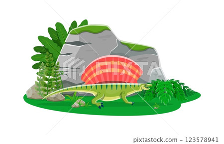Paleontology Edaphosaurus dinosaur cartoon character. Jurassic era dinosaur, paleontology animal or prehistoric lizard isolated vector personage. Extinct reptile funny character or cute mascot Paleontology Edaphosaurus dinosaur cartoon character. Jurassic era dinosaur, paleontology animal or prehistoric lizard isolated vector personage. Extinct reptile funny character or cute mascot 123578941