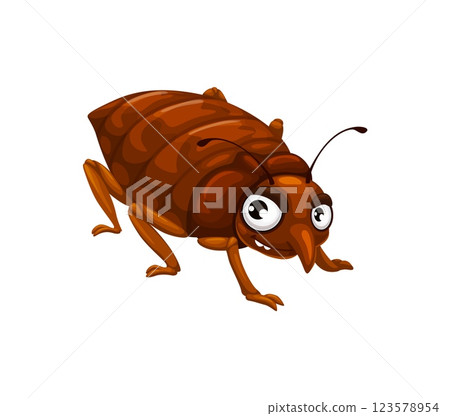 Funny cartoon bedbug character with large eyes, antennas and playful expression. Isolated vector genus Cimex bed bug, blood sucker, domestic parasite or vermin personage for pest control service 123578954