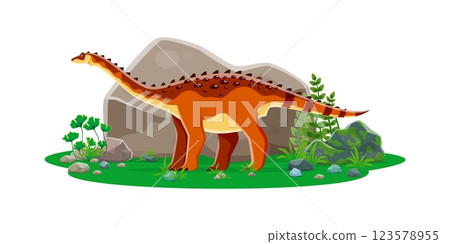 Aegyptosaurus prehistoric dinosaur cartoon character. Isolated vector titanosaurian sauropod dino from Late Cretaceous period. Ancient long necked herbivore reptile animal at lush landscape with rocks Aegyptosaurus prehistoric dinosaur cartoon character. Isolated vector titanosaurian sauropod dino from Late Cretaceous period. Ancient long necked herbivore reptile animal at lush landscape with rocks 123578955