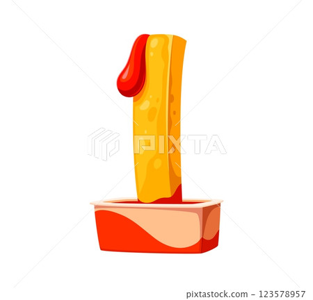 Fast food french fries meal cartoon alphabet font digit 1 one. Takeaway cafe appetizer cartoon alphabet typeface digit, fast food meal vector ABC font numeral symbol. Fastfood menu math typeset figure 123578957