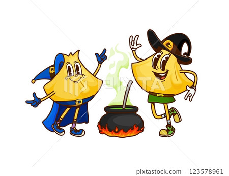 Halloween mage pasta groovy funny character. Halloween warlock Italian food pasta isolated vector happy character. Fairytale sorcerer pasta cheerful mascot or wizard fagottini noodle groovy personage 123578961