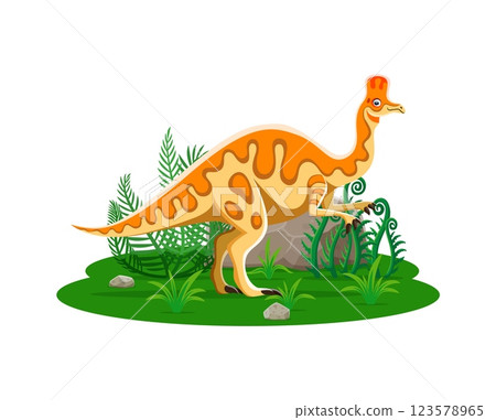 Cartoon dinosaur Corythosaurus or prehistoric lizard in Jurassic park forest, vector dino character. Funny Corythosaurus dinosaur of Cretaceous era species for kids dino atlas or paleontology museum 123578965