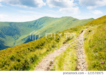 mountain landscape with path uphill. picturesque journey. beautiful nature scenery with steep grassy slopes in summer. trail to the mountain top. sunny day with clouds on the sky. highland of ukraine mountain landscape with path uphill. picturesque journey. beautiful nature scenery with steep grassy slopes in summer. trail to the mountain top. sunny day with clouds on the sky. highland of ukraine 123578975