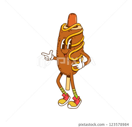 Groovy retro cartoon hippie corn dog character or funny fast food, vector personage. Groovy corndog or fried hot dog sausage with happy smile on funny face and mustard sauce for fast food character 123578984