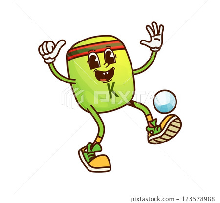 Cartoon groovy Phylloquinone vitamin and micronutrient character kicking the ball. Isolated vector K capsule sportsman retro personage playing soccer of football game in trendy sneakers and headband 123578988