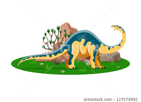 Melanorosaurus prehistoric dinosaur character. Isolated cartoon vector colorful dino animal reptile with long neck and tail, standing in a lush forest landscape with vibrant tree and rocks on field Melanorosaurus prehistoric dinosaur character. Isolated cartoon vector colorful dino animal reptile with long neck and tail, standing in a lush forest landscape with vibrant tree and rocks on field 123578992