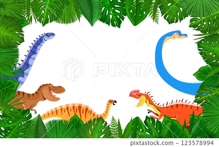 Cartoon dinosaur characters at tropical jungle forest leaves frame. Vector border or background featuring playful dino animal species amidst rainforest foliage evoking a sense of prehistoric adventure Cartoon dinosaur characters at tropical jungle forest leaves frame. Vector border or background featuring playful dino animal species amidst rainforest foliage evoking a sense of prehistoric adventure 123578994