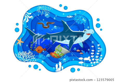 Paper cut underwater landscape with hammerhead shark. 3d vector papercut layered frame with undersea scene features marine creatures surrounded by coral reefs and aquatic plants in the ocean depths 123579005