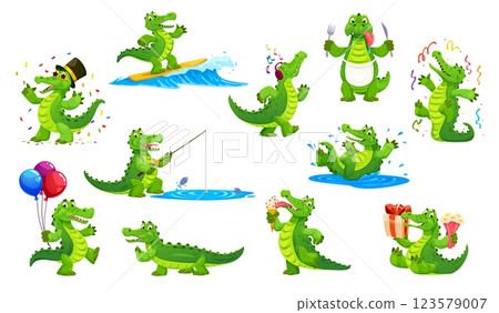 Cartoon green crocodile reptile characters set. Cheerful alligators surfing, fishing, eating ice cream, holding balloons, celebrating, listening music and relaxing, display fun and playful expressions Cartoon green crocodile reptile characters set. Cheerful alligators surfing, fishing, eating ice cream, holding balloons, celebrating, listening music and relaxing, display fun and playful expressions 123579007