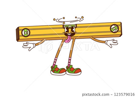 Groovy building DIY repair tool character of level measure instrument, cartoon vector. Groovy level measuring tool with funny face, dizzy stars and tongue out for carpentry tool cartoon character Groovy building DIY repair tool character of level measure instrument, cartoon vector. Groovy level measuring tool with funny face, dizzy stars and tongue out for carpentry tool cartoon character 123579016