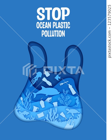 Paper cut plastic bag and waste at the sea, polluted water. Stop ocean plastic pollution ecological awareness poster. 3d vector frame in shape of used bag with marine life and trash floating within Paper cut plastic bag and waste at the sea, polluted water. Stop ocean plastic pollution ecological awareness poster. 3d vector frame in shape of used bag with marine life and trash floating within 123579025