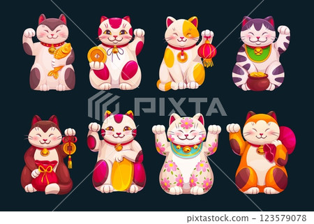 Cartoon japanese maneki neko cats characters with lucky coins, money bags and pot, fish and oriental paper lantern. Vector kawaii maneki neko cat or kitty animal toys waving paws with happy smiles 123579078