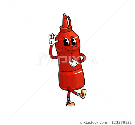 Groovy fast food ketchup bottle character. Isolated cartoon vector retro, funky personage. Funny vintage hippie condiment in red plastic container. Catsup or tomato sauce with nostalgic hippie vibe. 123579121