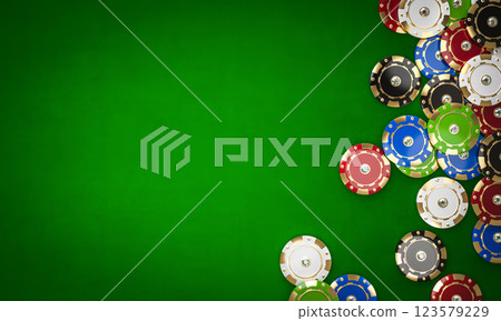 Colorful poker chips lying on green table creating gambling background with copy space Colorful poker chips lying on green table creating gambling background with copy space 123579229