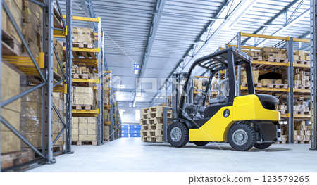 Yellow forklift carrying wooden pallets Yellow forklift carrying wooden pallets 123579265