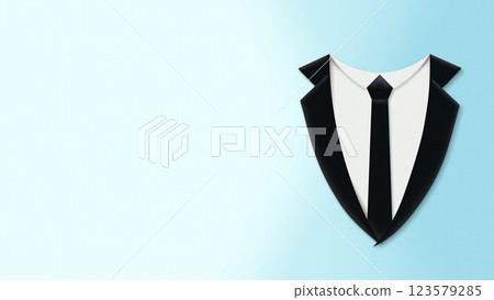 A light blue background with an icon of a black suit with a black tie on the right A light blue background with an icon of a black suit with a black tie on the right 123579285
