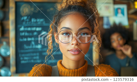 A young woman teacher with glasses, standing at the blackboard and explaining the lesson to the children 123579316