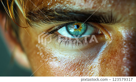 The young man's gaze is intense, his pupil slightly dilated 123579317