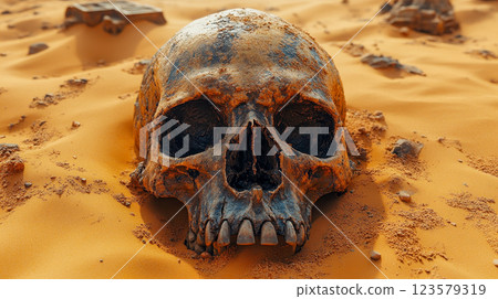 An ancient human skull half-buried in desert sand under the sun 123579319