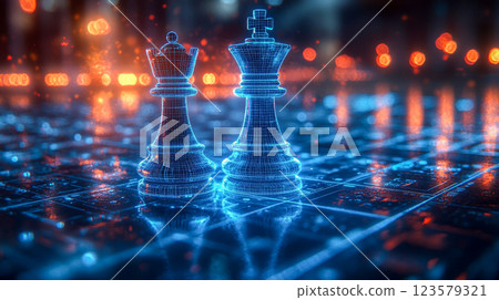 Futuristic digital chess king and queen made of glowing blue holographic energy 123579321