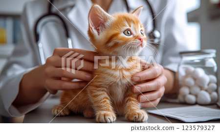 A little orange kitten sits patiently at the vet for a checkup 123579327