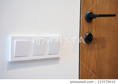 A section of a wall featuring three white light switches next to a wooden door  123579414
