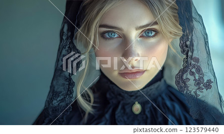 Melancholic 19th century woman in mourning dress standing by window, black lace veil on head Melancholic 19th century woman in mourning dress standing by window, black lace veil on head 123579440