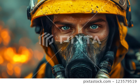 A firefighter in a yellow helmet, respirator and full protective gear stands in a smoky area 123579519